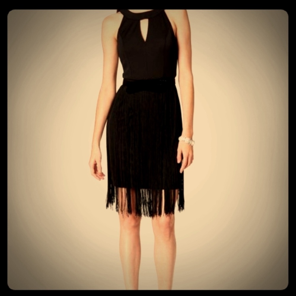 Vince Camuto Black Halter Fringe Flapper Dress